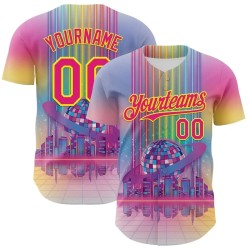 Custom Pink Hot Pink-Light Yellow 3D Pattern Design Rave Psychedelic Neon Music Disco Authentic Baseball Jersey