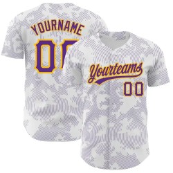 Custom White Purple-Gold 3D Pattern Design Curve Lines Authentic Baseball Jersey